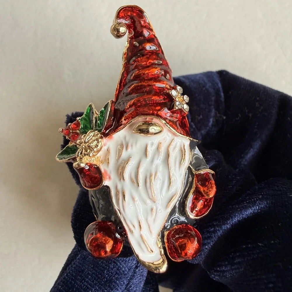 Christmas Gnome Brooch Pin Red White Enamel Rhinestone Gold Tone Holiday Jewelry